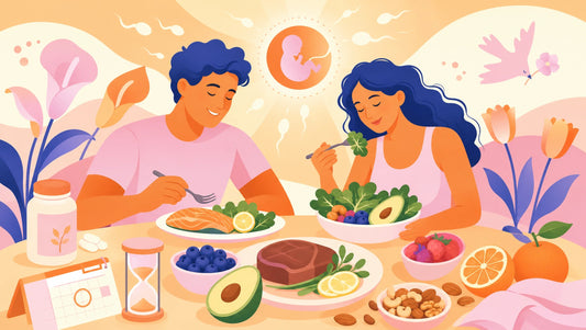 Illustrated avatars of Matthew and Sarah sharing fertility-friendly foods -- salmon, steak, avocado, berries, nuts and greens -- with a supplement bottle nearby and a glowing embryo motif with sperm cells overhead