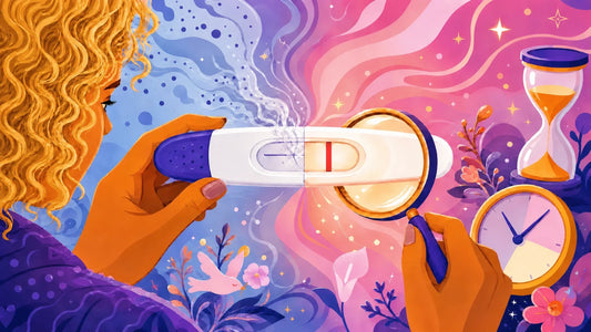 Woman with curly blonde hair examining a faint line on a pregnancy test with a magnifying glass, the line split between fading evaporation mist and a warm glowing positive