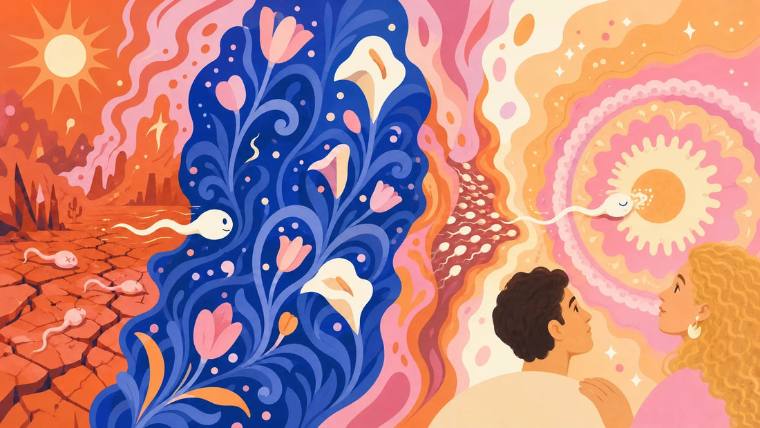 A sperm's real survival journey through the body, from a harsh hostile zone to a protective zone to a glowing implantation sanctuary, with two illustrated figures watching