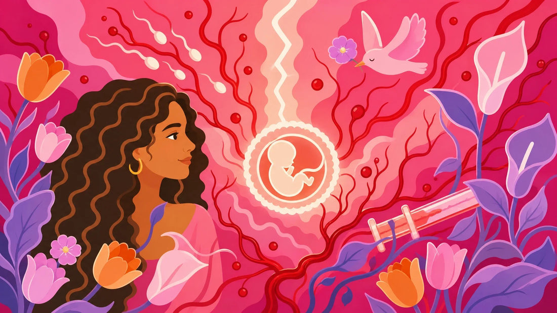 Illustrated header for implantation bleeding: Sarah gazing at a glowing embryo amid blood vessels, a lightning bolt, and Maia Baby brand botanicals