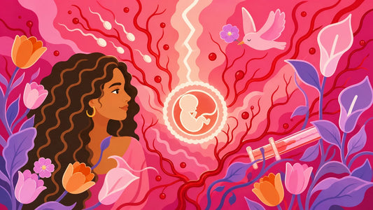 Illustrated header for implantation bleeding: Sarah gazing at a glowing embryo amid blood vessels, a lightning bolt, and Maia Baby brand botanicals