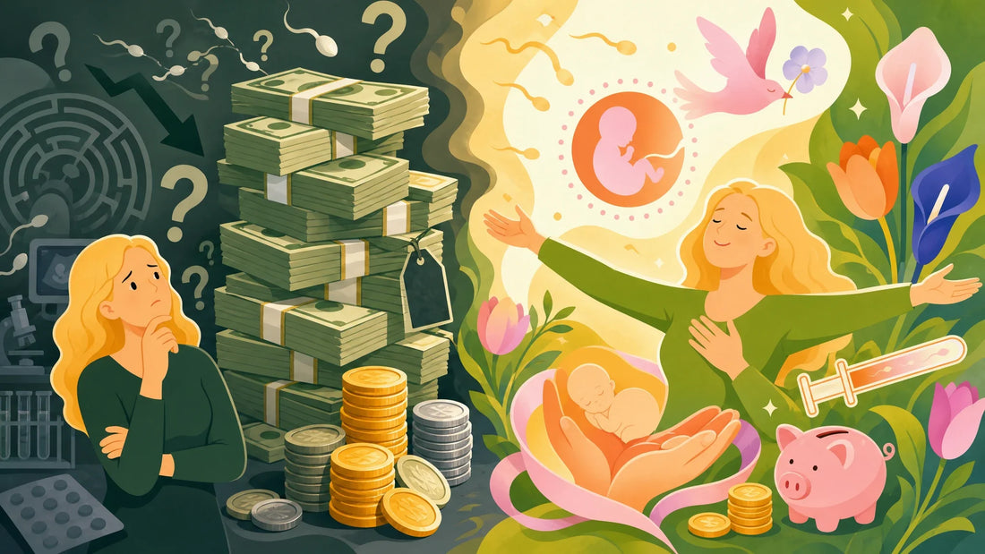 Fertility treatment costs illustrated: a towering stack of banknotes and coins on one side, a joyful woman with a newborn on the other