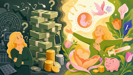 Fertility treatment costs illustrated: a towering stack of banknotes and coins on one side, a joyful woman with a newborn on the other