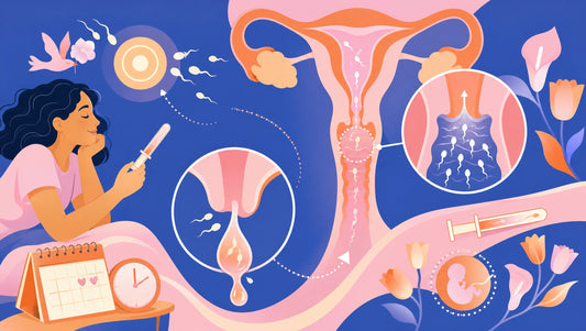 Sperm leakage after insemination: a scientific illustration of sperm migrating past the cervix into protective cervical mucus, with leakage shown as normal alongside the successful journey toward the egg