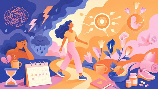 Illustration of a woman walking out of a dark lightning storm into a calm, warm path with fertility symbols, representing coping with stress while trying to conceive