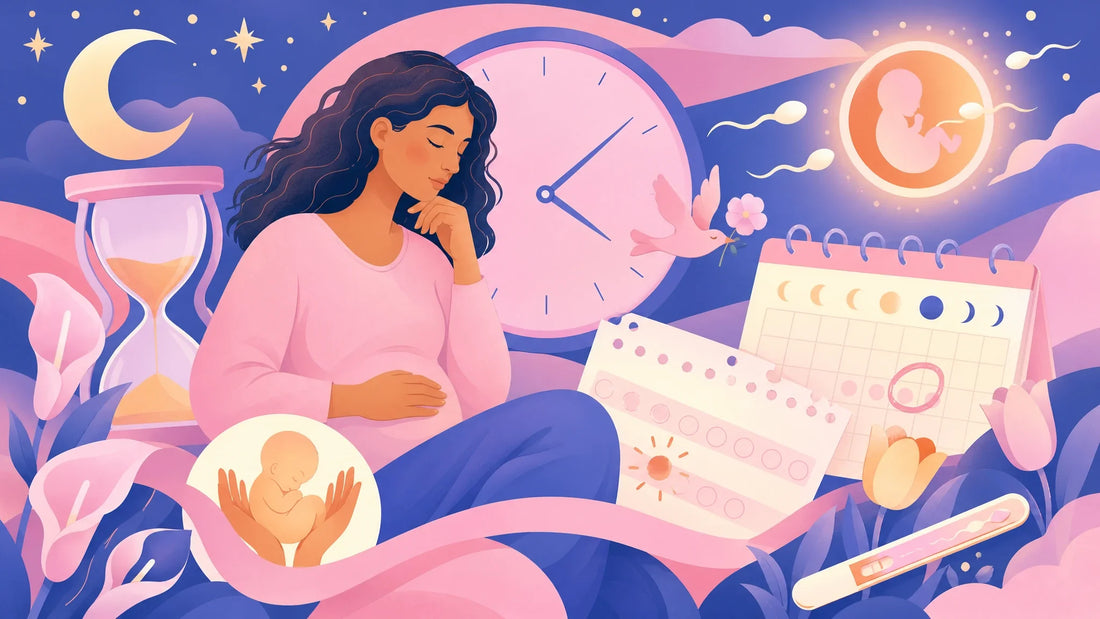 Illustrated woman waiting during the two week wait, surrounded by a clock, hourglass, calendar and a glowing embryo motif, dusk pink and blue